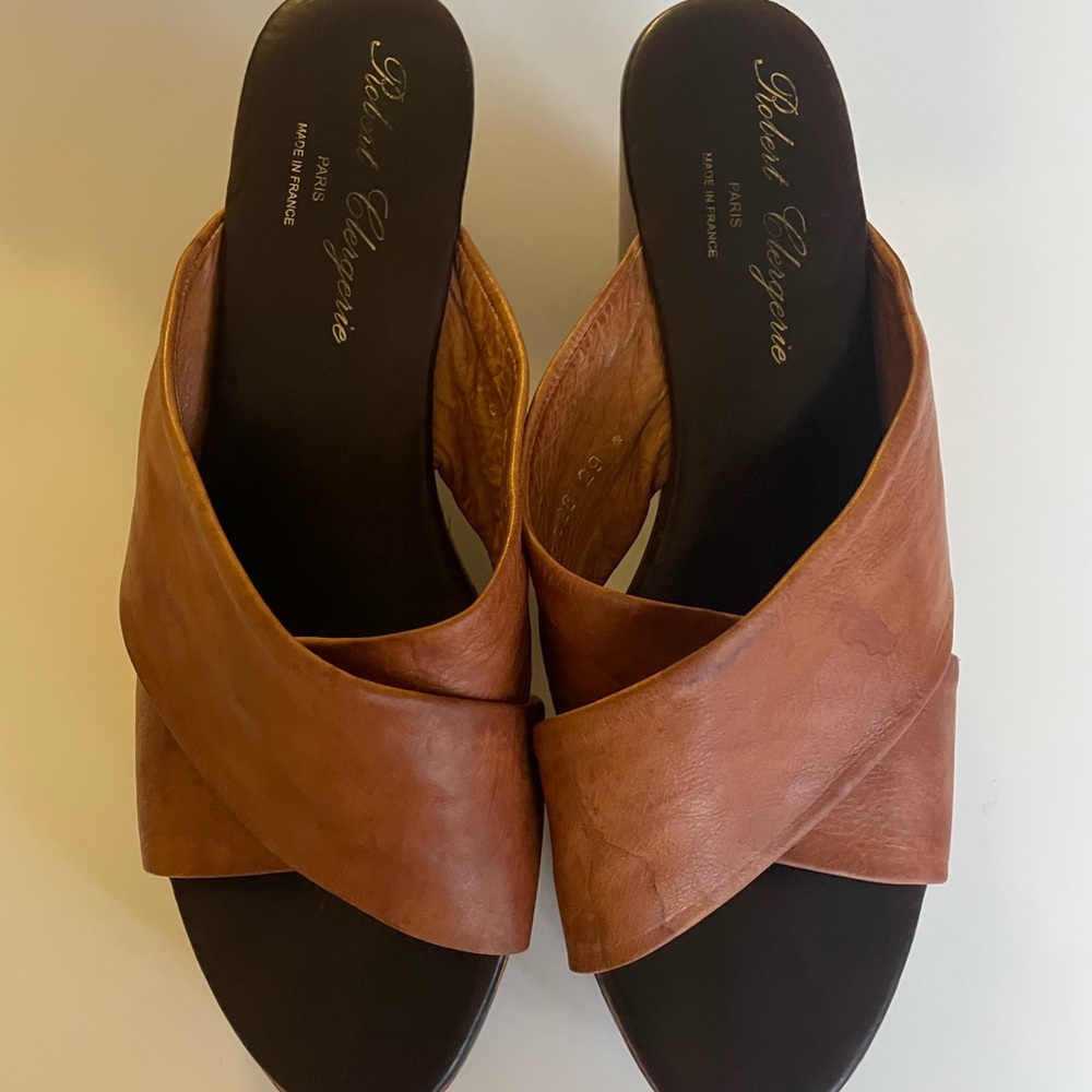 Robert Clergerie Women's Brown Leather Wooden Platform Sz 8